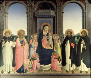 Virgin and Child enthroned with Angels and St. Thomas Aquinas, St. Barnabas, St. Dominic, and St. Peter Martyr, c.1422